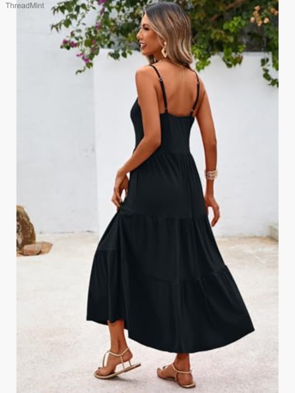 Flowy Tiered Maxi Dress Sleeveless Sundress Adjustable Straps Long Beach Dress - Picture 5 of 7